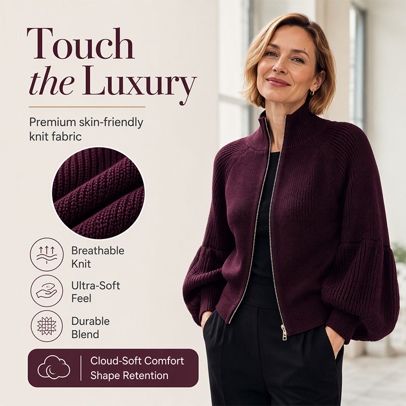 🖤Black Friday Sale:50% OFF🖤😎Women's Lantern Sleeve Zip-Up Knit Sweater