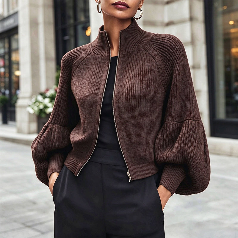 🖤Black Friday Sale:50% OFF🖤😎Women's Lantern Sleeve Zip-Up Knit Sweater