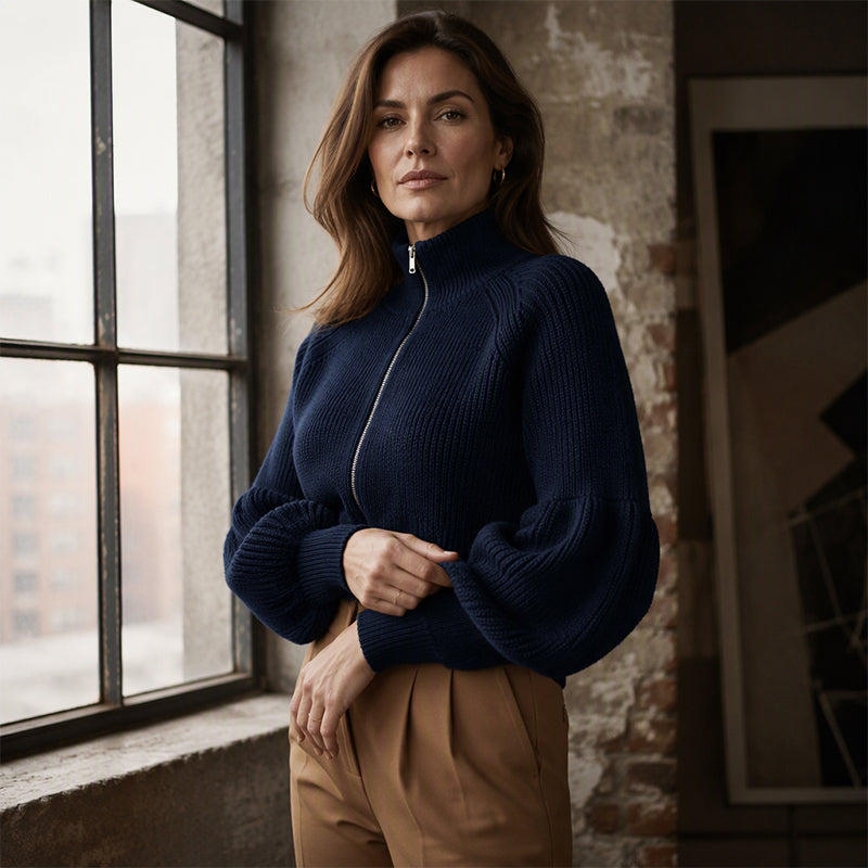 🖤Black Friday Sale:50% OFF🖤😎Women's Lantern Sleeve Zip-Up Knit Sweater