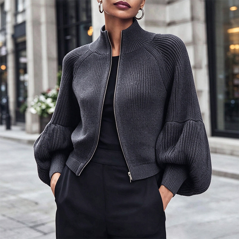 🖤Black Friday Sale:50% OFF🖤😎Women's Lantern Sleeve Zip-Up Knit Sweater