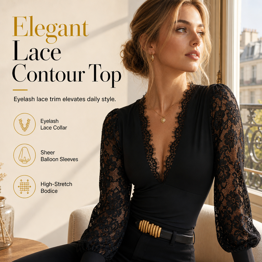 🖤 Women's Deep V-Neck Lace Long Sleeve Top
