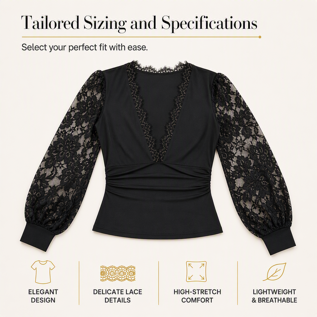🖤 Women's Deep V-Neck Lace Long Sleeve Top