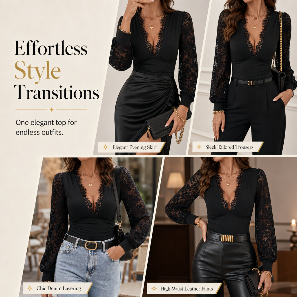 🖤 Women's Deep V-Neck Lace Long Sleeve Top