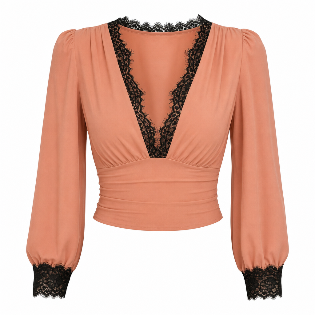 🖤 Women's Deep V-Neck Lace Long Sleeve Top