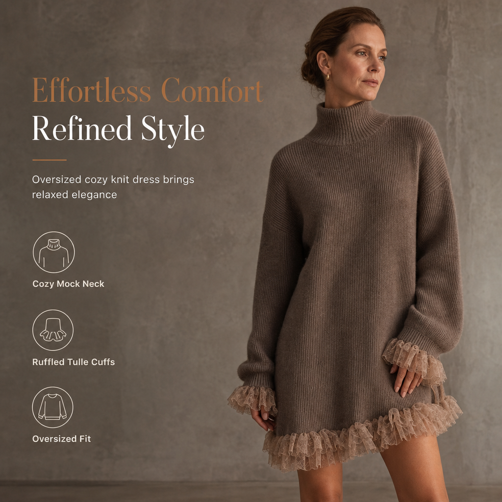 ✨ Feminine Knit Detail 🌸 Women’s Oversized Mock Neck Sweater Dress
