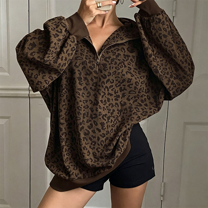 💖Black Friday Mega Deal – 50% off!💖 🐆 Bold Leopard Print, Easy Quarter-Zip Style | Women's Sweatshirt