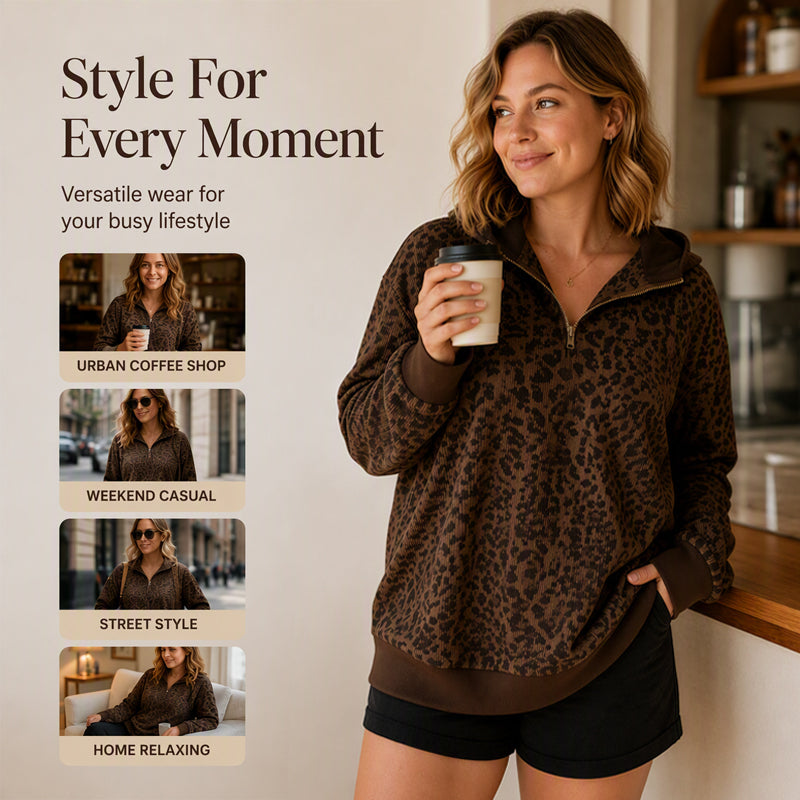💖Black Friday Mega Deal – 50% off!💖 🐆 Bold Leopard Print, Easy Quarter-Zip Style | Women's Sweatshirt