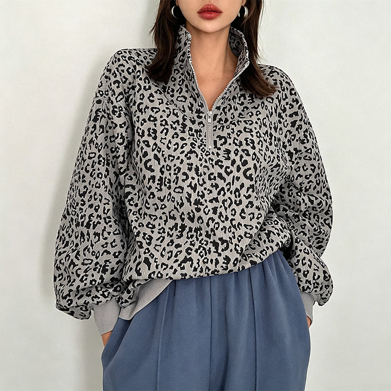 💖Black Friday Mega Deal – 50% off!💖 🐆 Bold Leopard Print, Easy Quarter-Zip Style | Women's Sweatshirt