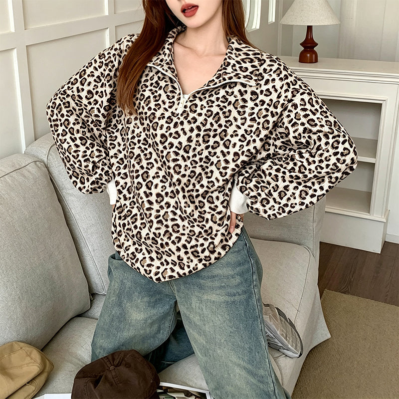 💖Black Friday Mega Deal – 50% off!💖 🐆 Bold Leopard Print, Easy Quarter-Zip Style | Women's Sweatshirt