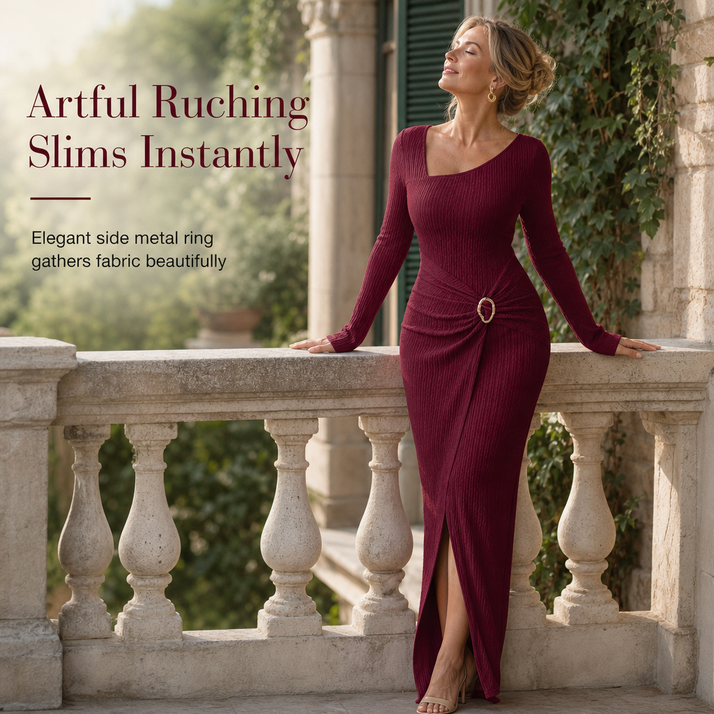 💃 Elegant Women's Long Sleeve Knit Dress 🍷 Figure-Flattering Irregular Neck Design