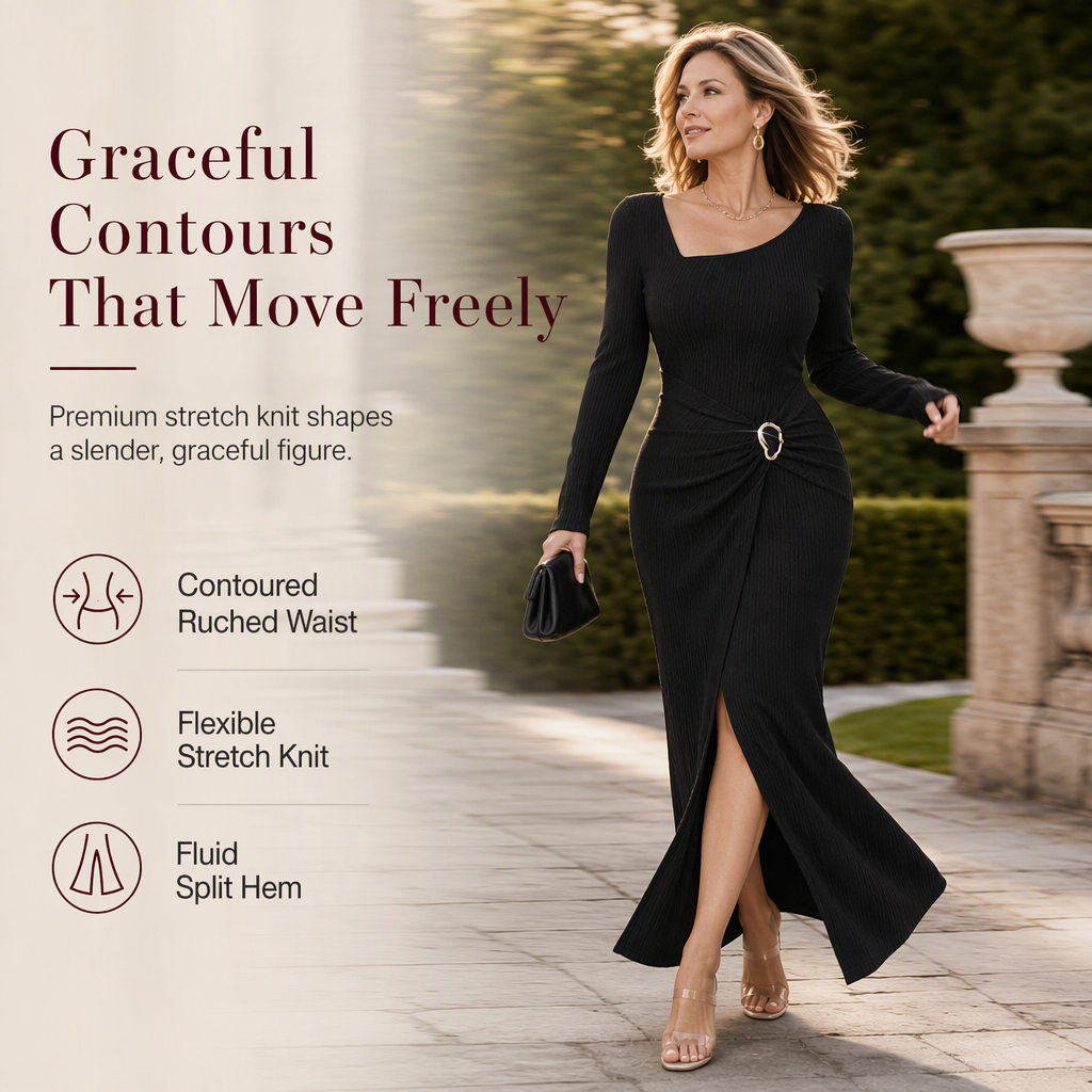 💃 Elegant Women's Long Sleeve Knit Dress 🍷 Figure-Flattering Irregular Neck Design