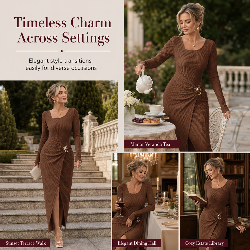💃 Elegant Women's Long Sleeve Knit Dress 🍷 Figure-Flattering Irregular Neck Design