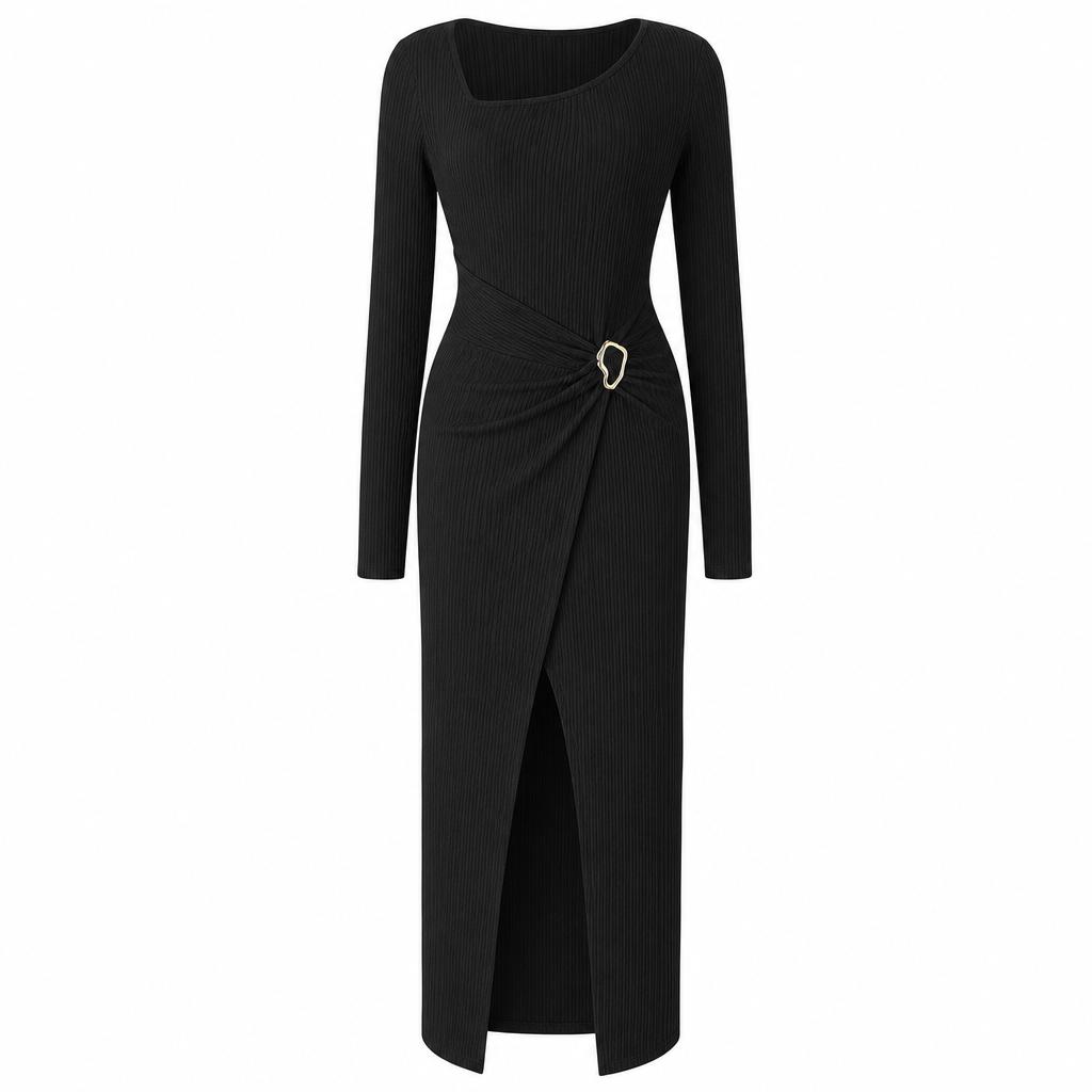 💃 Elegant Women's Long Sleeve Knit Dress 🍷 Figure-Flattering Irregular Neck Design