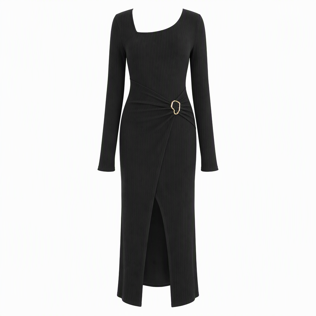 💃 Elegant Women's Long Sleeve Knit Dress 🍷 Figure-Flattering Irregular Neck Design