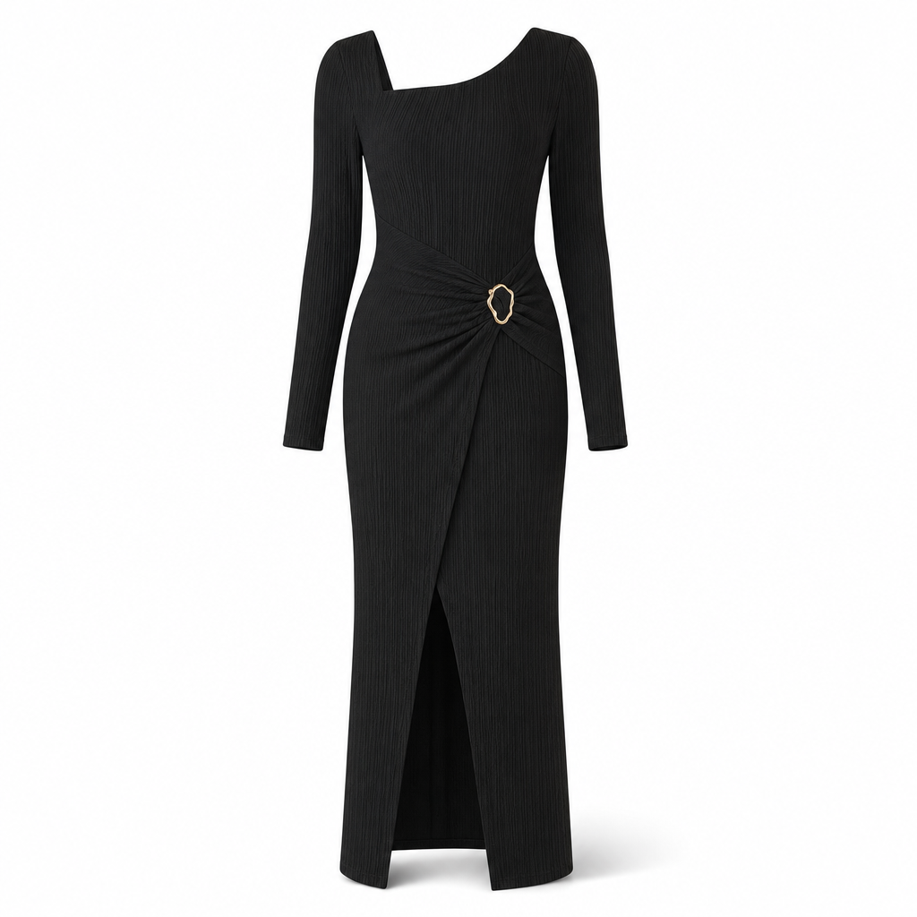 💃 Elegant Women's Long Sleeve Knit Dress 🍷 Figure-Flattering Irregular Neck Design