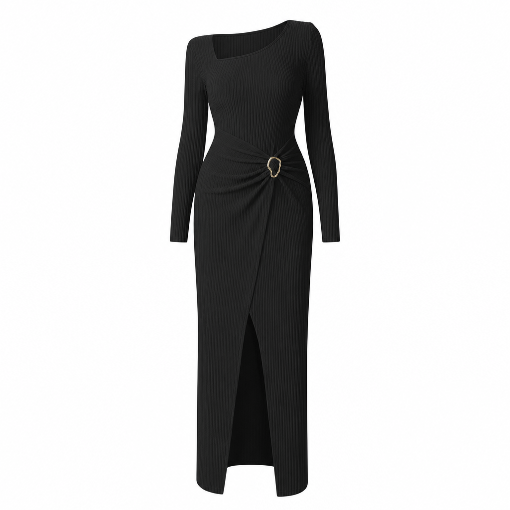 💃 Elegant Women's Long Sleeve Knit Dress 🍷 Figure-Flattering Irregular Neck Design