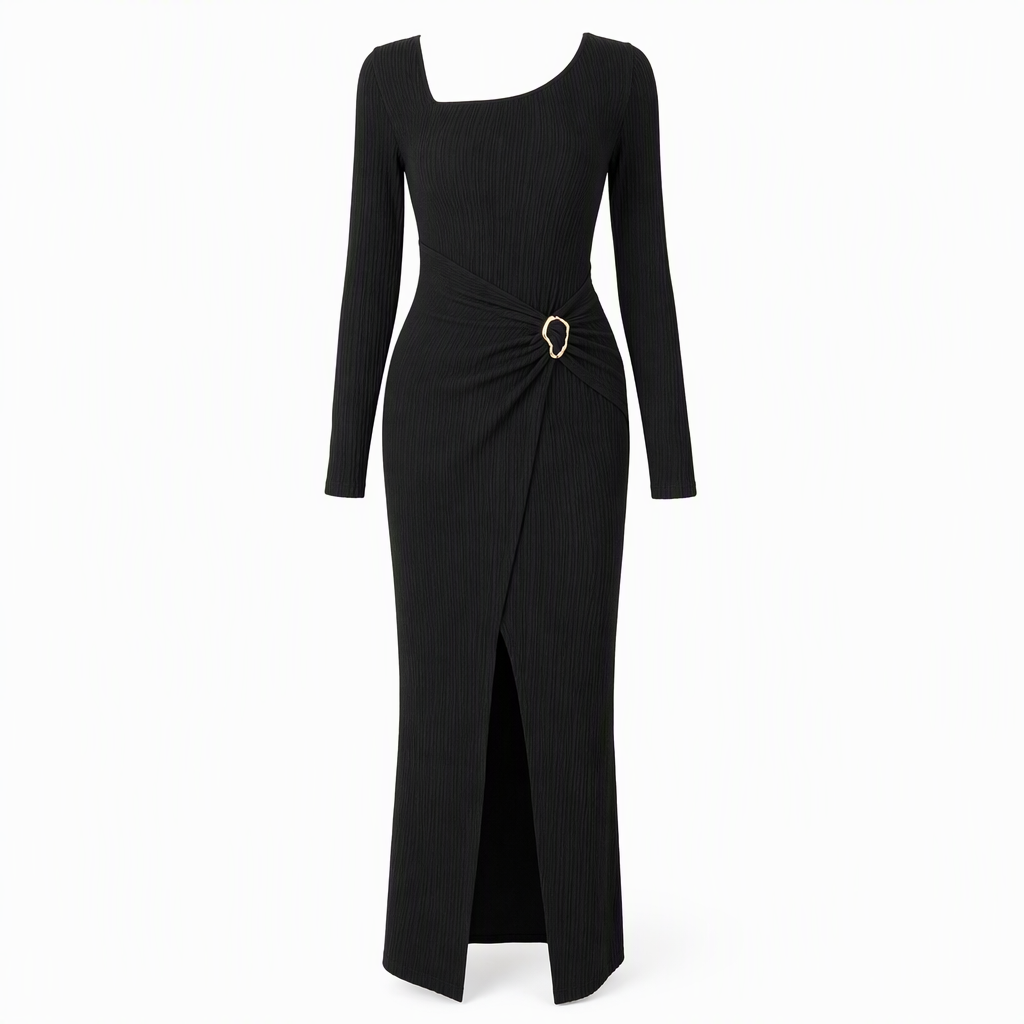 💃 Elegant Women's Long Sleeve Knit Dress 🍷 Figure-Flattering Irregular Neck Design