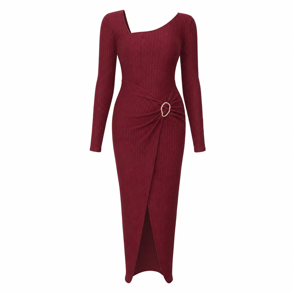 💃 Elegant Women's Long Sleeve Knit Dress 🍷 Figure-Flattering Irregular Neck Design