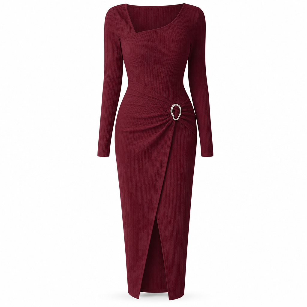 💃 Elegant Women's Long Sleeve Knit Dress 🍷 Figure-Flattering Irregular Neck Design