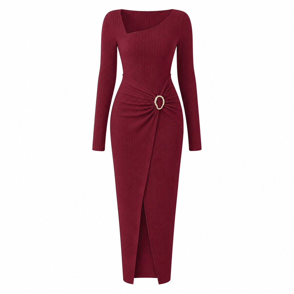 💃 Elegant Women's Long Sleeve Knit Dress 🍷 Figure-Flattering Irregular Neck Design