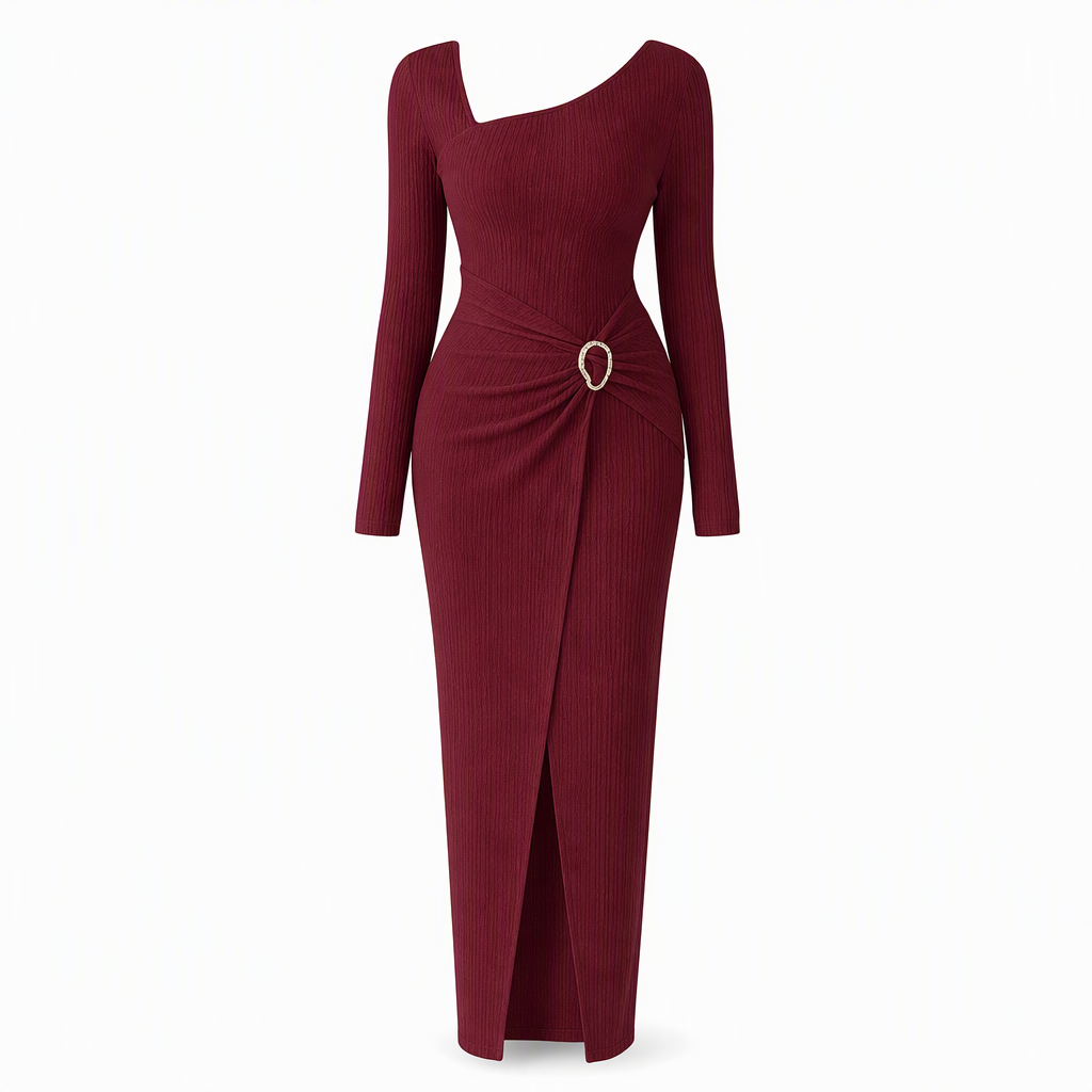 💃 Elegant Women's Long Sleeve Knit Dress 🍷 Figure-Flattering Irregular Neck Design