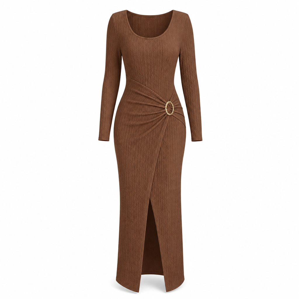 💃 Elegant Women's Long Sleeve Knit Dress 🍷 Figure-Flattering Irregular Neck Design