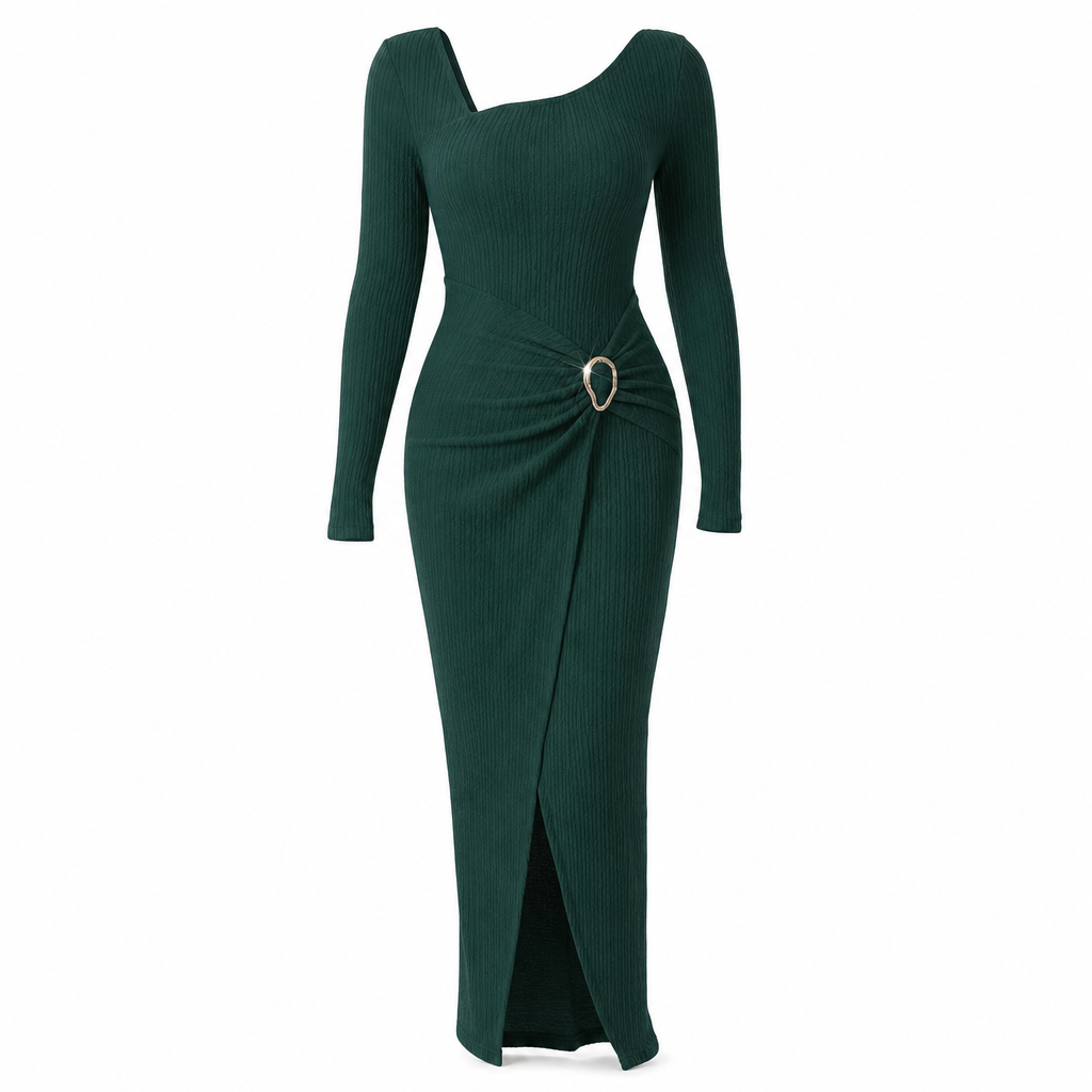 💃 Elegant Women's Long Sleeve Knit Dress 🍷 Figure-Flattering Irregular Neck Design