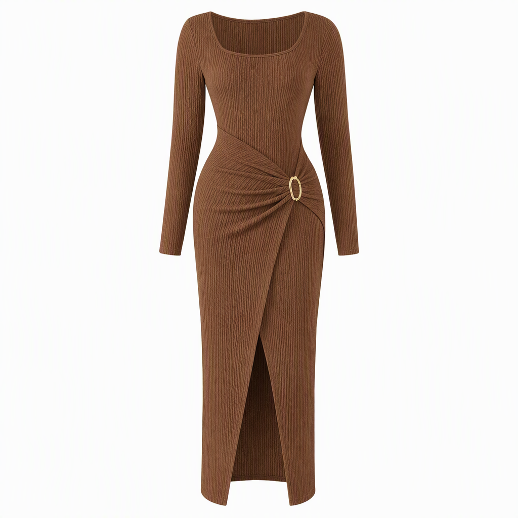 💃 Elegant Women's Long Sleeve Knit Dress 🍷 Figure-Flattering Irregular Neck Design