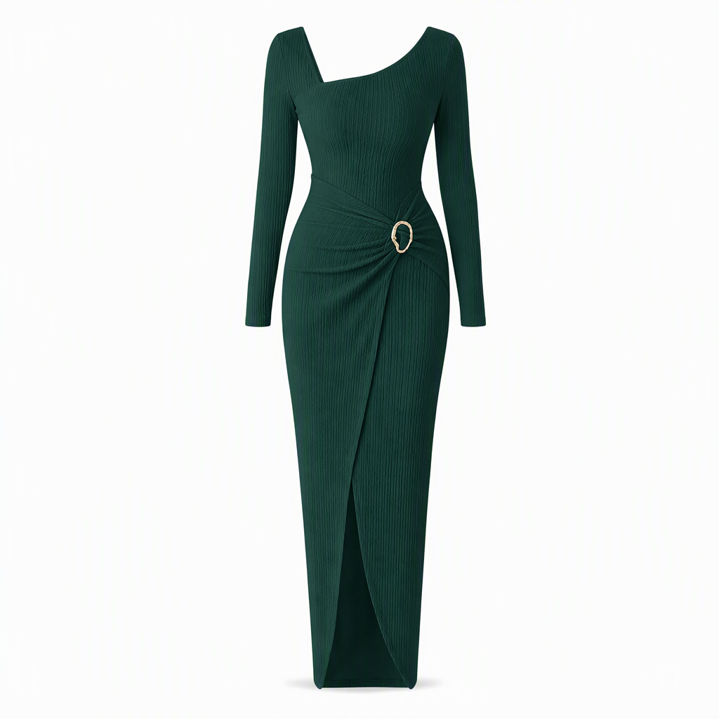 💃 Elegant Women's Long Sleeve Knit Dress 🍷 Figure-Flattering Irregular Neck Design