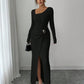 💃 Elegant Women's Long Sleeve Knit Dress 🍷 Figure-Flattering Irregular Neck Design