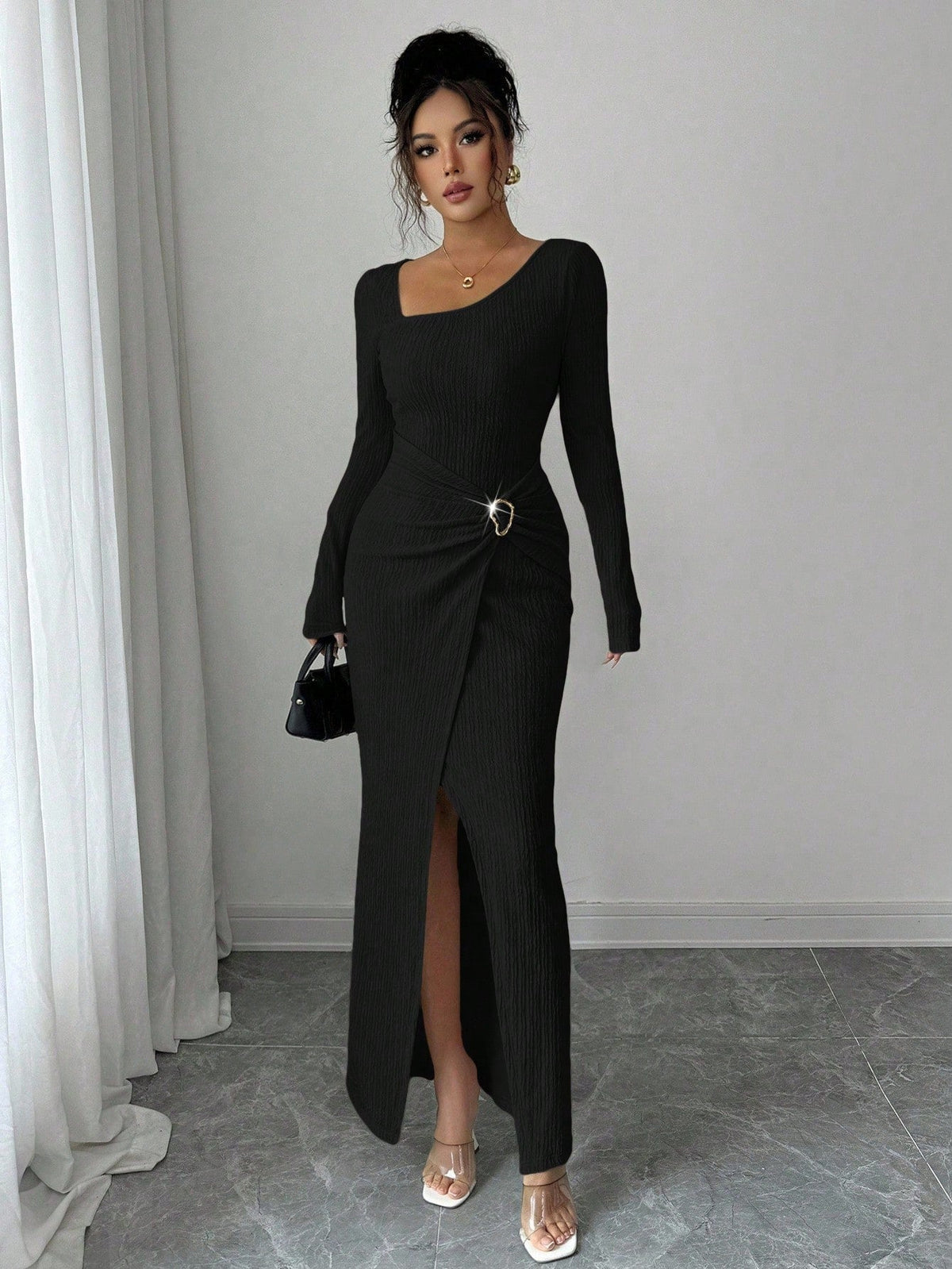 💃 Elegant Women's Long Sleeve Knit Dress 🍷 Figure-Flattering Irregular Neck Design