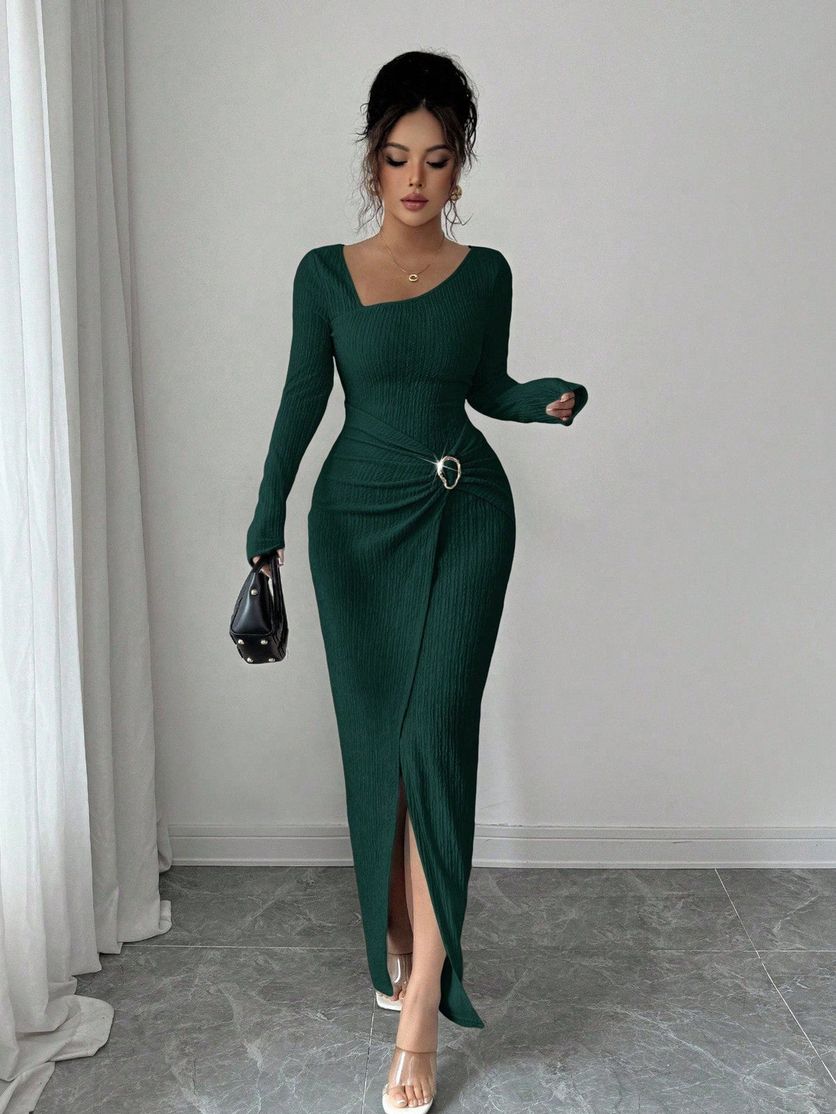 💃 Elegant Women's Long Sleeve Knit Dress 🍷 Figure-Flattering Irregular Neck Design