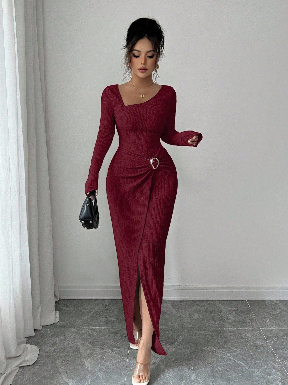 💃 Elegant Women's Long Sleeve Knit Dress 🍷 Figure-Flattering Irregular Neck Design