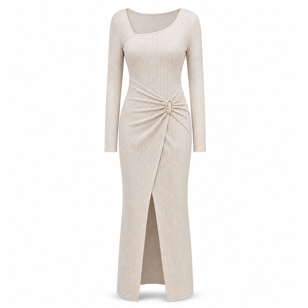 💃 Elegant Women's Long Sleeve Knit Dress 🍷 Figure-Flattering Irregular Neck Design