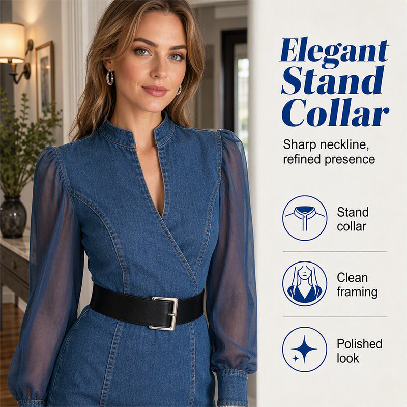 💖Black Friday Mega Deal – 50% off!💖 👗 Cinched Waist, Sheer Sleeve Detail | Women's Slimming Denim Dress