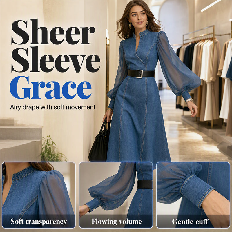 💖Black Friday Mega Deal – 50% off!💖 👗 Cinched Waist, Sheer Sleeve Detail | Women's Slimming Denim Dress