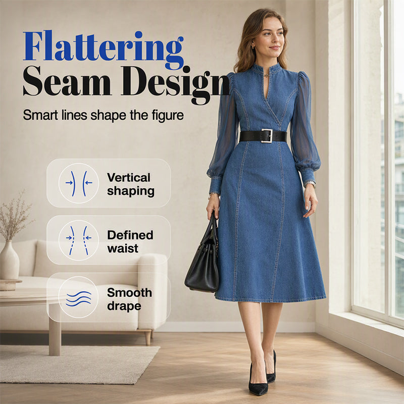 💖Black Friday Mega Deal – 50% off!💖 👗 Cinched Waist, Sheer Sleeve Detail | Women's Slimming Denim Dress