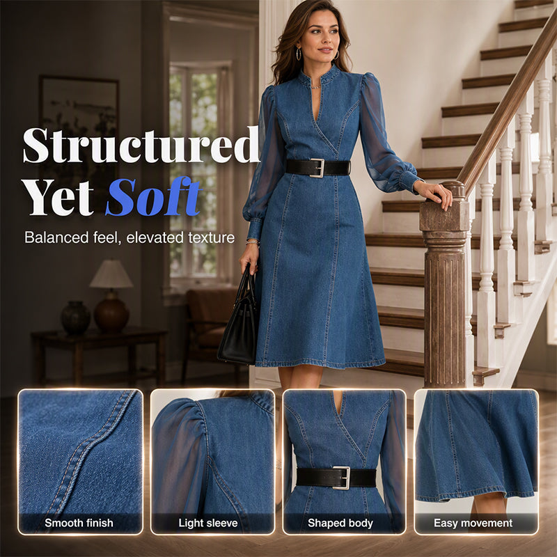 💖Black Friday Mega Deal – 50% off!💖 👗 Cinched Waist, Sheer Sleeve Detail | Women's Slimming Denim Dress