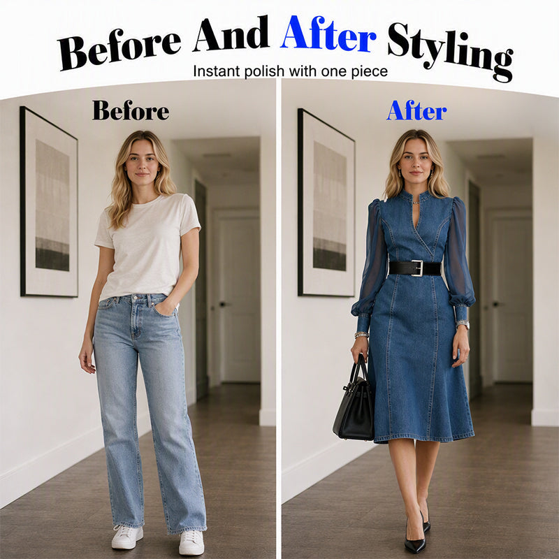 💖Black Friday Mega Deal – 50% off!💖 👗 Cinched Waist, Sheer Sleeve Detail | Women's Slimming Denim Dress