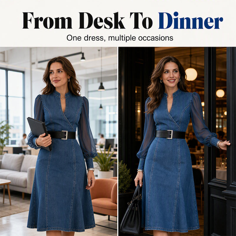 💖Black Friday Mega Deal – 50% off!💖 👗 Cinched Waist, Sheer Sleeve Detail | Women's Slimming Denim Dress