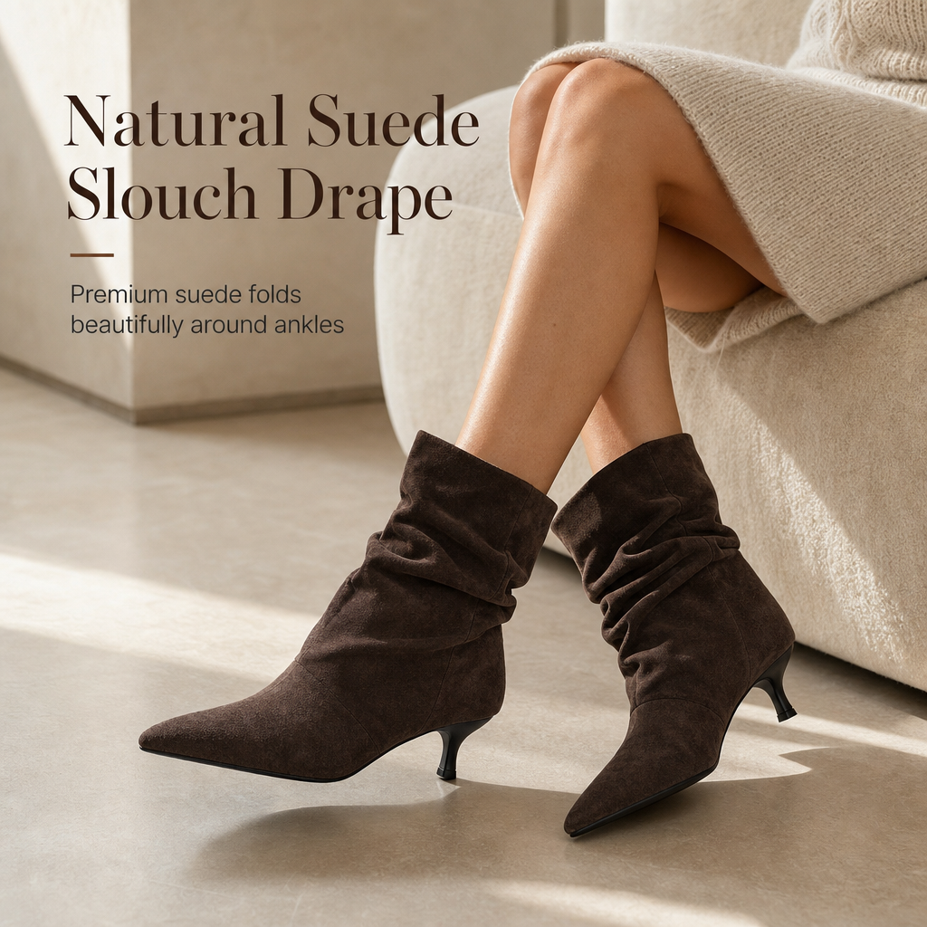 👢 Women's Suede Pointed Toe Kitten Heel Ankle Boots✨Elegant Slouchy Style