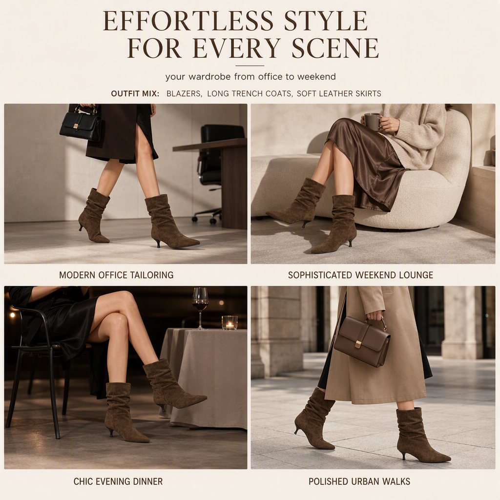 👢 Women's Suede Pointed Toe Kitten Heel Ankle Boots✨Elegant Slouchy Style
