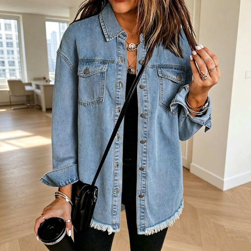 💖Black Friday Mega Deal – 50% off!💖 👚Women's Raw Edge Ripped Denim Jacket – Street Fashion, Multiple Pockets & Easy to Pair ✨