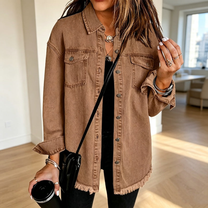 💖Black Friday Mega Deal – 50% off!💖 👚Women's Raw Edge Ripped Denim Jacket – Street Fashion, Multiple Pockets & Easy to Pair ✨