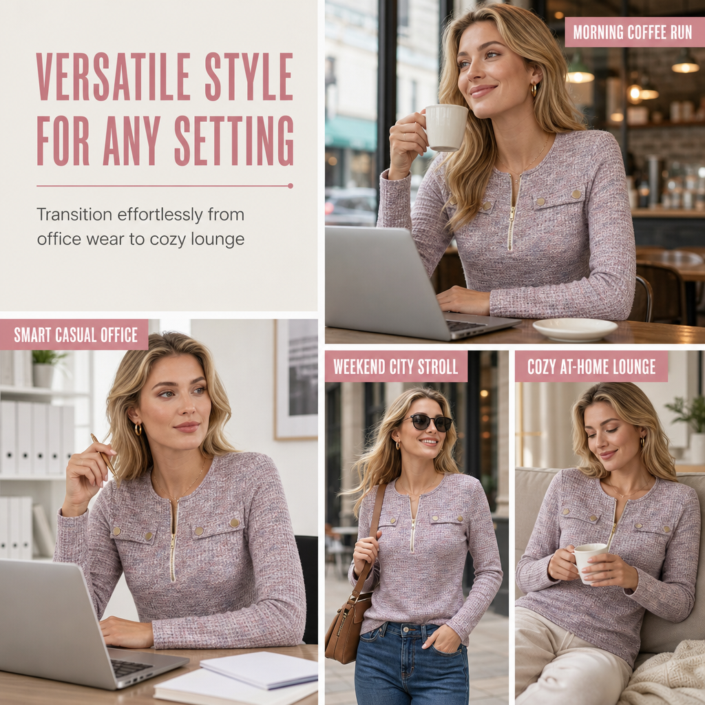 💖Black Friday Mega Deal – 50% off!💖🌸Women's Long Sleeve V-Neck Half Zip Knit Top
