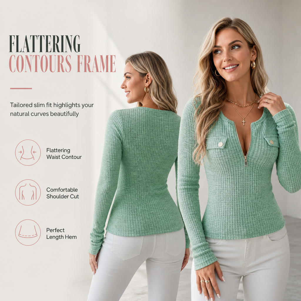 💖Black Friday Mega Deal – 50% off!💖🌸Women's Long Sleeve V-Neck Half Zip Knit Top