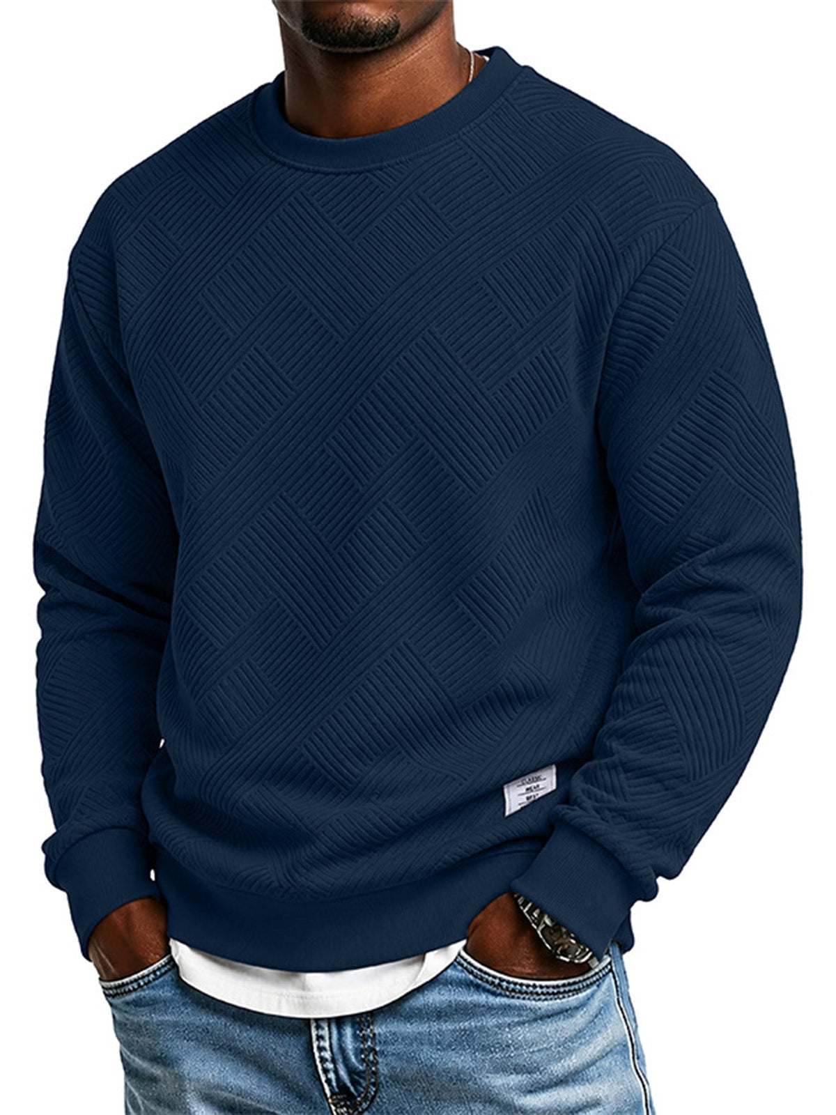 🖤Black Friday Sale:50% OFF🖤 Mens Long Sleeve Jacquard Crew Neck Sweatshirt Loose Fit Thickened Autumn Winter Top Plus Size