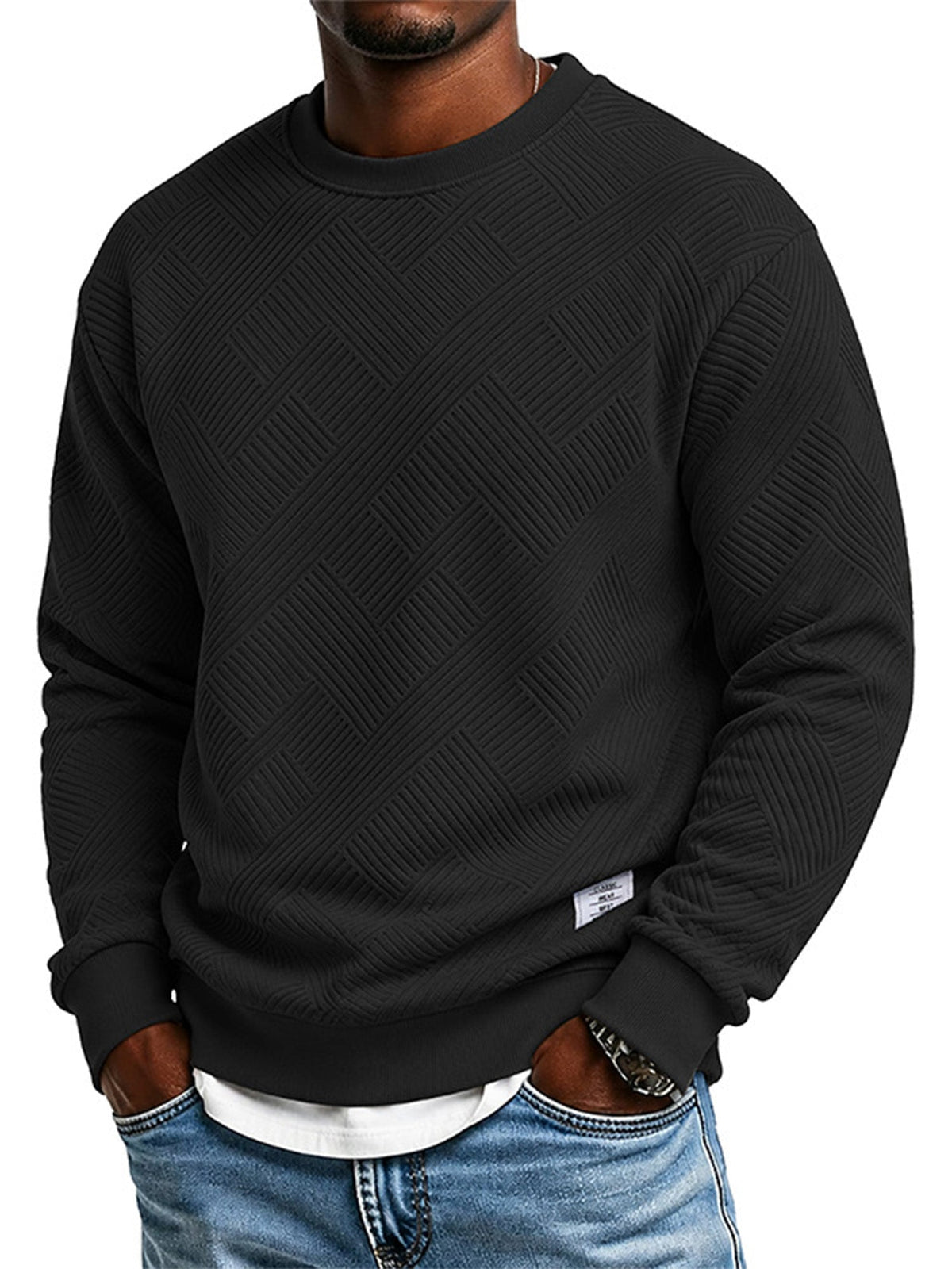 🖤Black Friday Sale:50% OFF🖤 Mens Long Sleeve Jacquard Crew Neck Sweatshirt Loose Fit Thickened Autumn Winter Top Plus Size