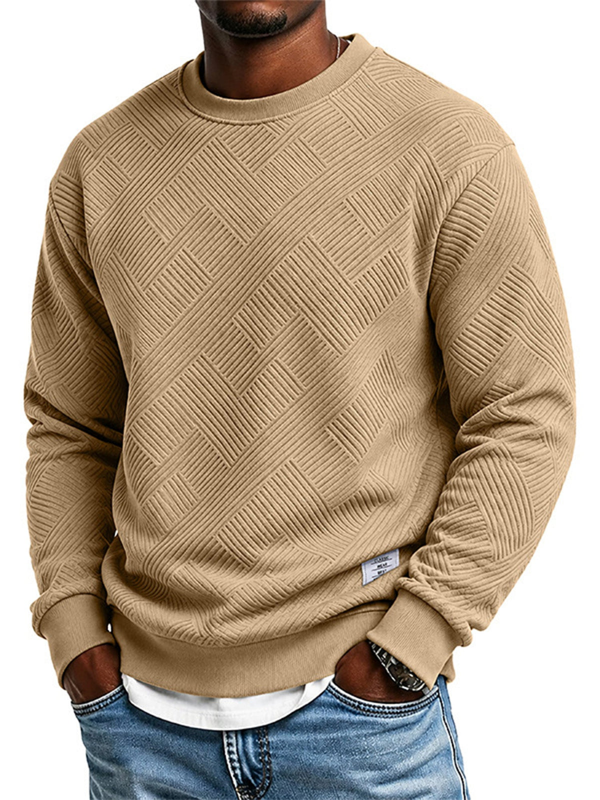 🖤Black Friday Sale:50% OFF🖤 Mens Long Sleeve Jacquard Crew Neck Sweatshirt Loose Fit Thickened Autumn Winter Top Plus Size
