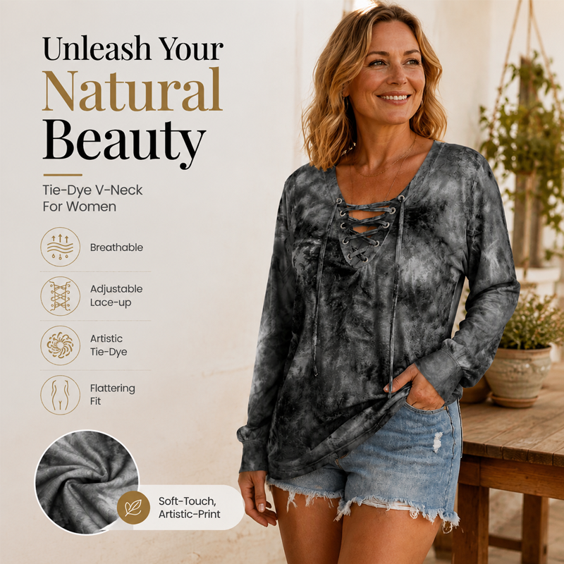 🖤Black Friday Sale:50% OFF🖤🌸Women's Tie-Dye Printed Lace-Up V-Neck Top
